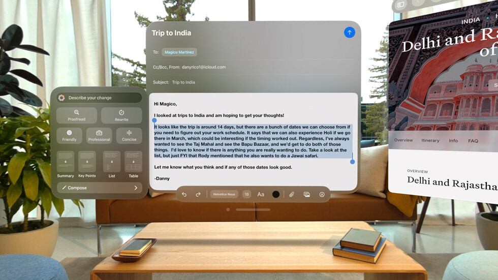 Apple Vision Pro 사용자는 ‘글쓰기 도구’를 사용해 Mail을 비롯해 텍스트를 작성하는 모든 공간에서 재작성하고, 교정하고, 요약할 수 있다.