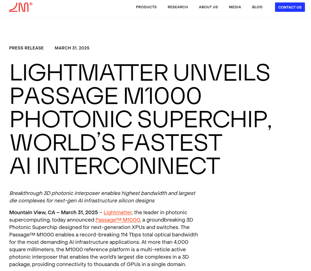 https://lightmatter.co/press-release/lightmatter-unveils-passage-m1000-photonic-superchip-worlds-fastest-ai-interconnect/