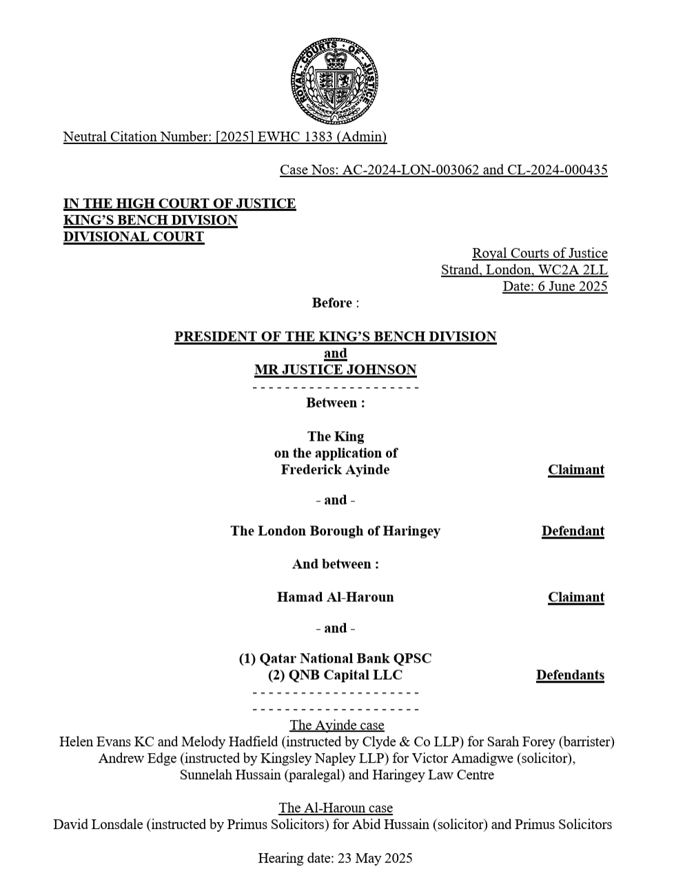 출처: [2025] EWHC 1383 (Admin), Ayinde v London Borough of Haringey and Al-Haroun v Qatar National Bank, High Court of Justice, King’s Bench Division, 6 June 2025