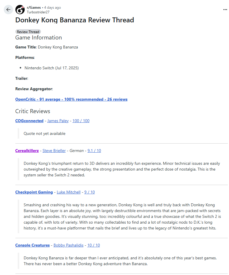 레딧의 동키콩 리뷰 쓰레드 : https://www.reddit.com/r/Games/comments/1m1aq7q/donkey_kong_bananza_review_thread/