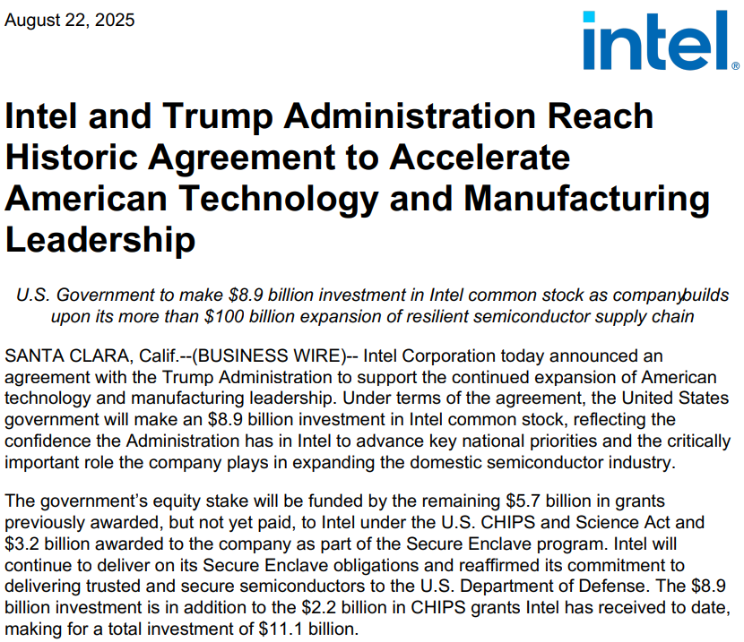 인텔(Intel)의 공식 보도자료(Press Release) 일부 발췌: https://www.intc.com/news-events/press-releases/detail/1748/intel-and-trump-administration-reach-historic-agreement-to