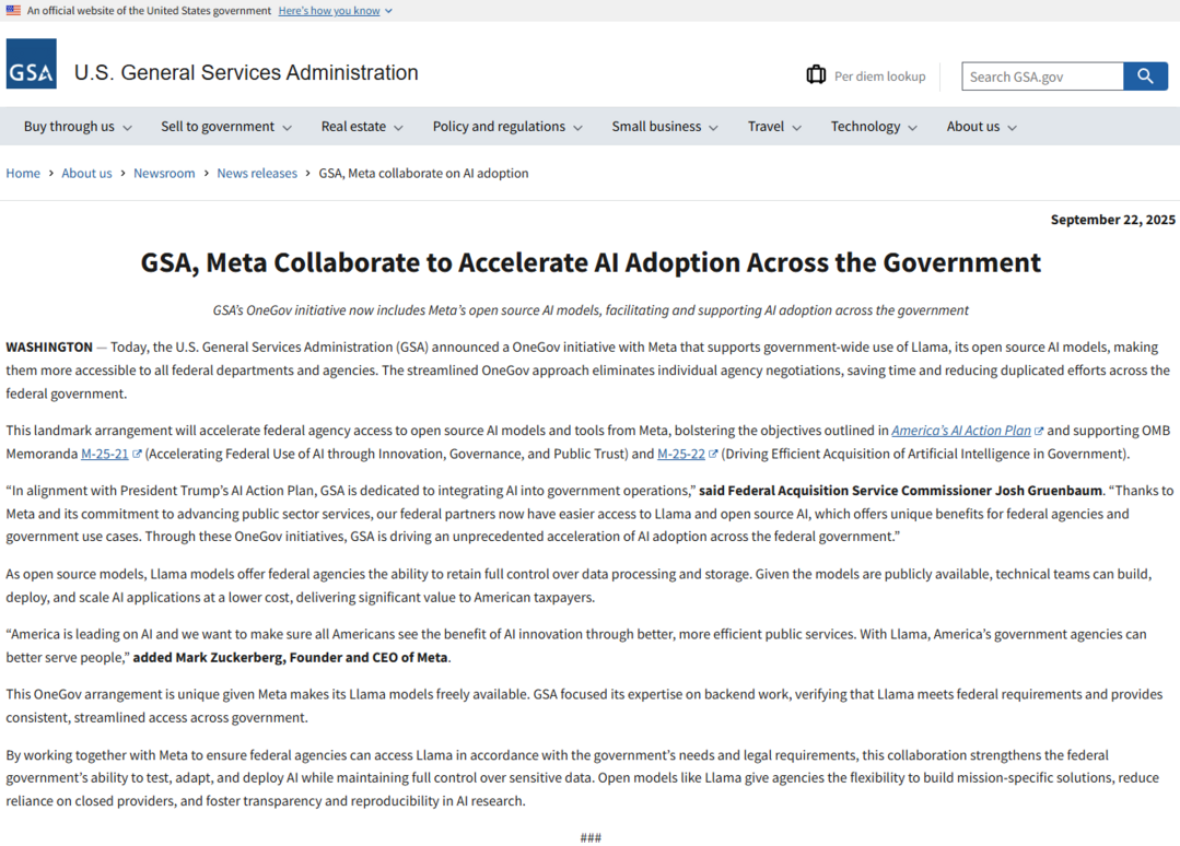 https://www.gsa.gov/about-us/newsroom/news-releases/gsa-meta-collaborate-on-ai-adoption-09222025