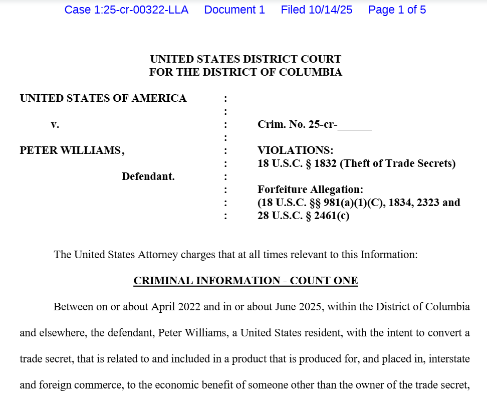 워싱턴DC 연방검찰, 러시아로 산업기밀 유출한 용의자 기소