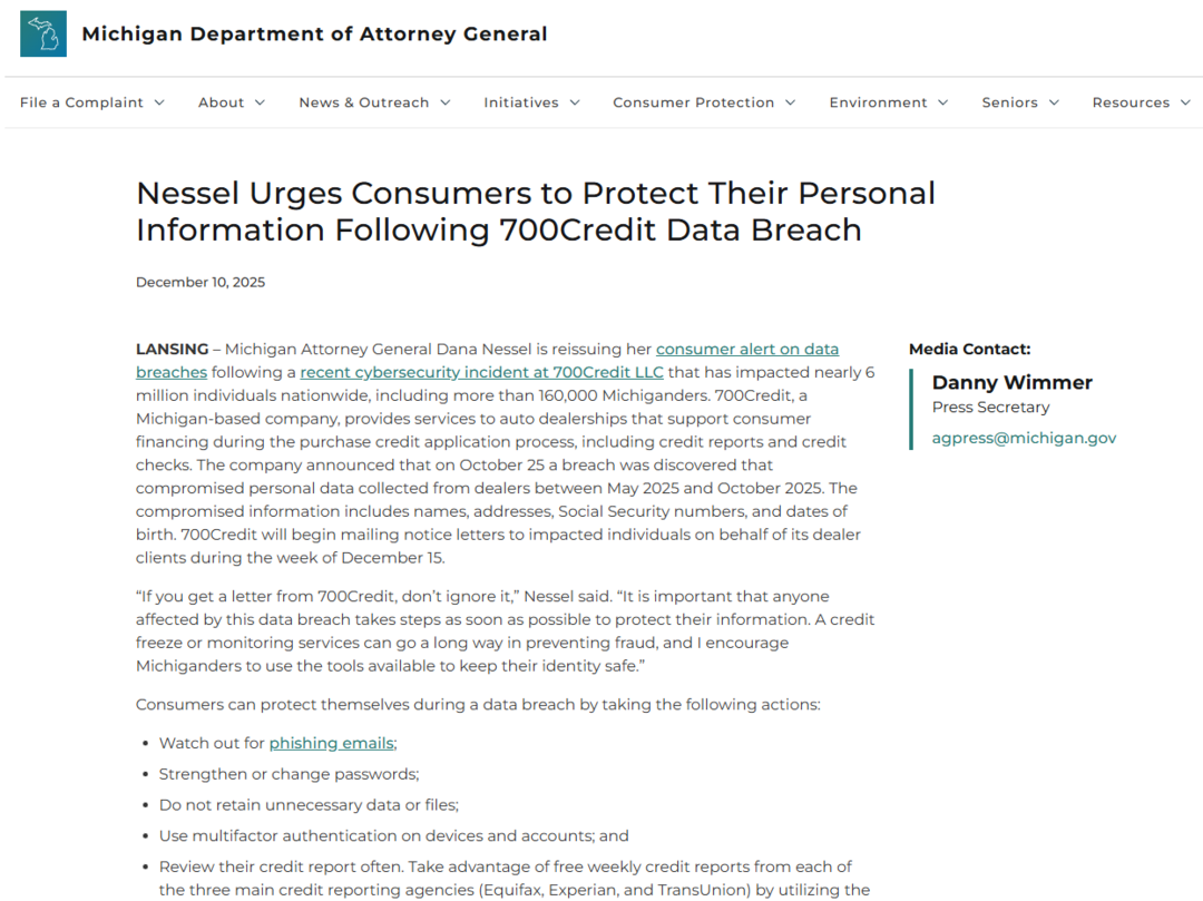 미시간주 법무장관, 700Credit 대규모 개인정보 유출에 소비자 경고 재발령