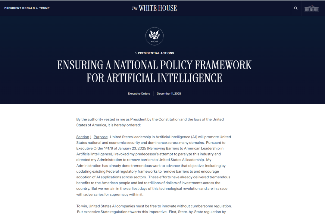 미국, 인공지능 규제의 주도권을 연방으로 회수하다