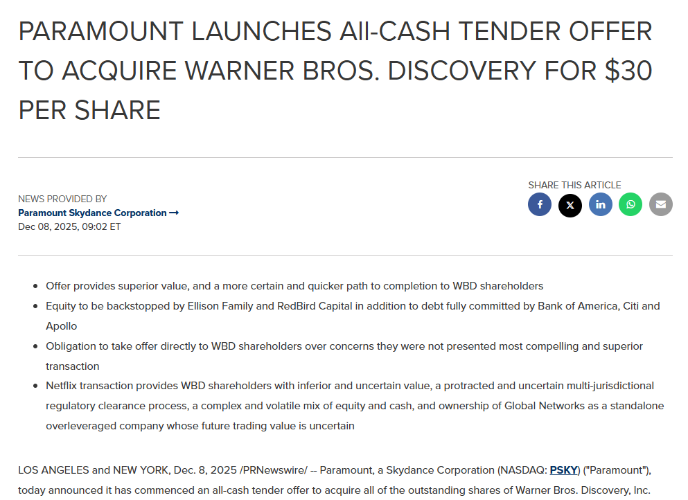 파라마운트-스카이댄스, 넷플릭스 딜에 정면 도전