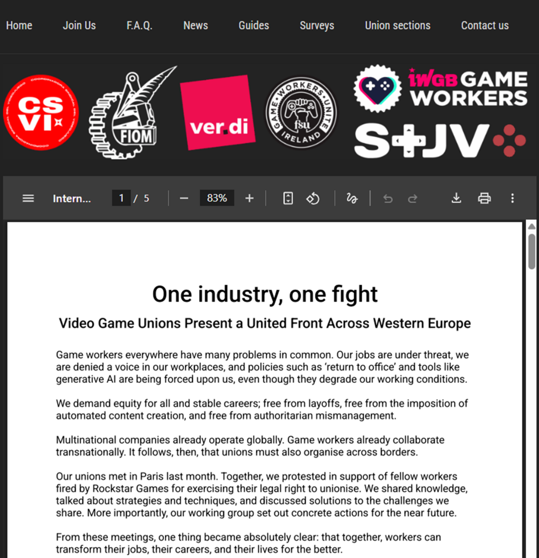 유럽 6개국 게임 노조가 발표한 공동성명 