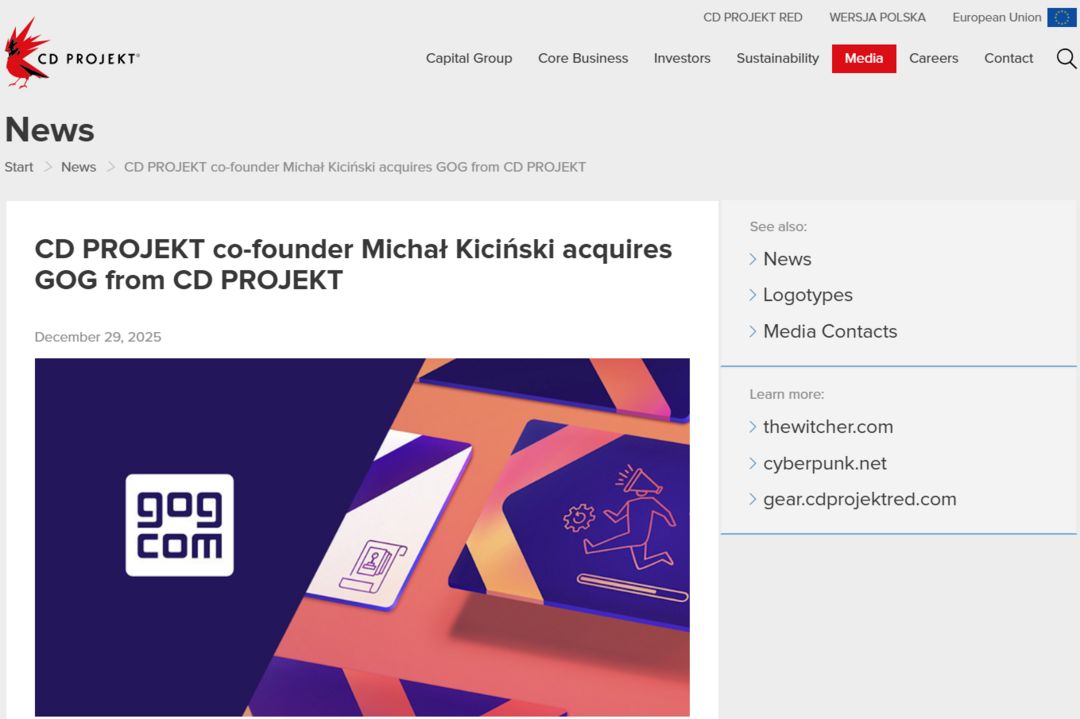 https://www.cdprojekt.com/en/media/news/cd-projekt-co-founder-michal-kicinski-acquires-gog-from-cd-projekt/