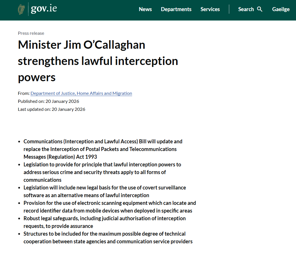 아일랜드, 통신 감청 권한 전면 개편 추진