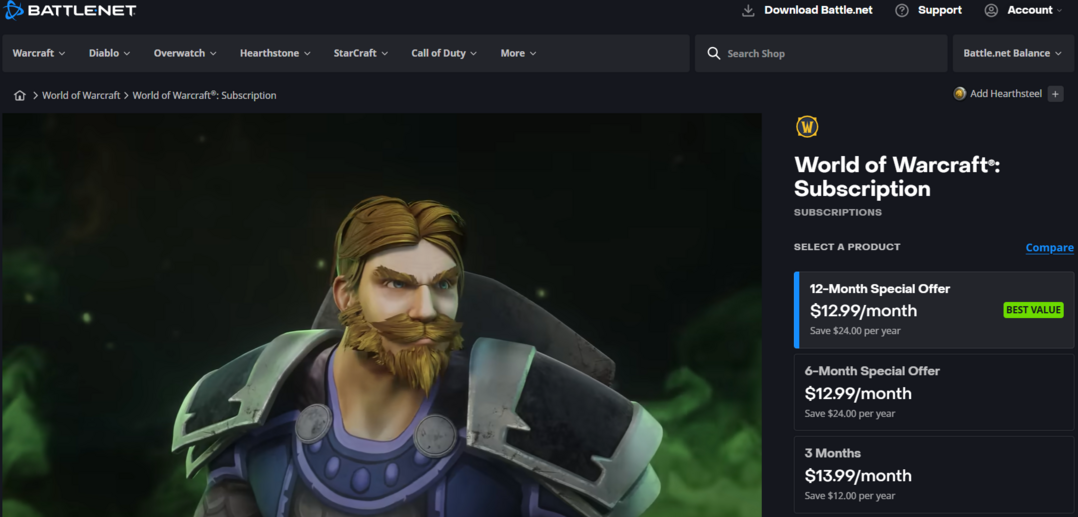 [메타X(MetaX)] 월드오브워크래프트의 구독형 상품 안내 페이지; https://us.shop.battle.net/en-us/product/world-of-warcraft-subscription