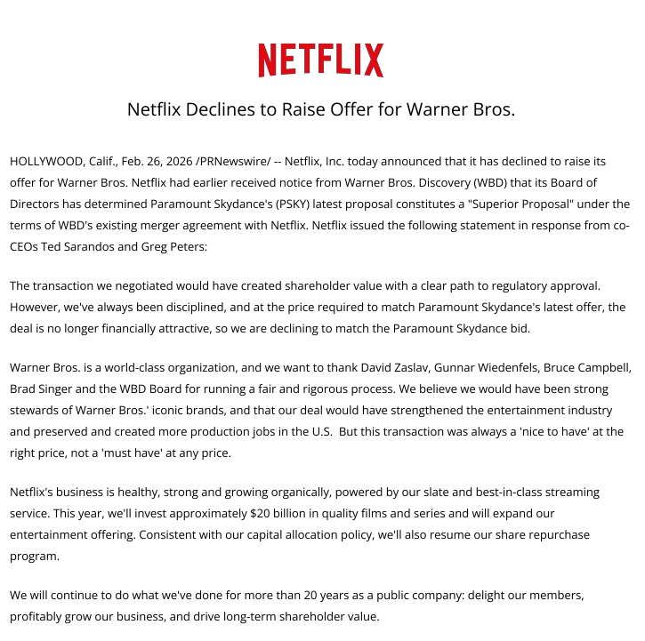 [메타X(MetaX)]WBD 인수전 격화&hellip;Paramount &lsquo;31달러&rsquo; 제시, Netflix는 철수