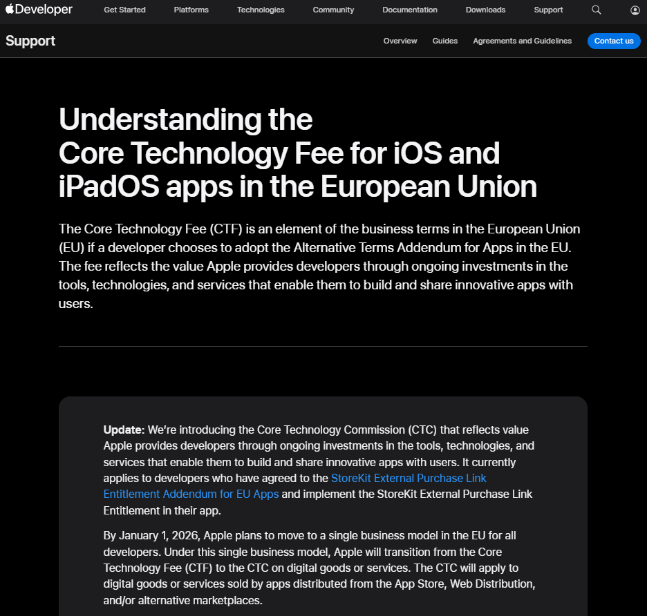 [메타X(MetaX)] CTF 폐지 및 CTC로의 전환 관련 애플 공식 게시글; https://developer.apple.com/support/core-technology-fee/